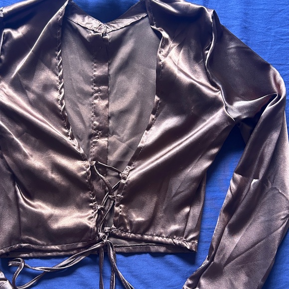 Streetwear Society Brown Satin Button Up Crop Top - Picture 5 of 6